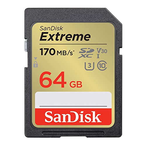 SanDisk Extreme SDXC UHS-I Speicherkarte 64 GB (V30, 170 MB/s Übertragung, U3, 4K UHD Videos, SanDisk QuickFlow-Technologie, wasserdicht, stoßfest, temperaturbeständig)