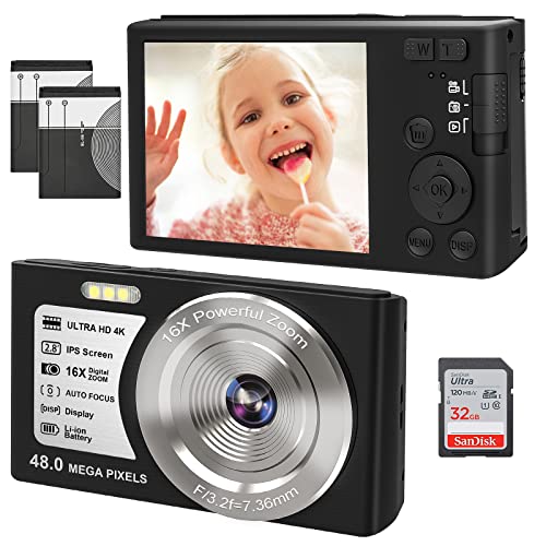 4K Digitalkamera Autofocus 48MP Fotoapparat mit 32GB SD-Karte 16X Digitalzoom Kompaktkamera (2 Batterien)