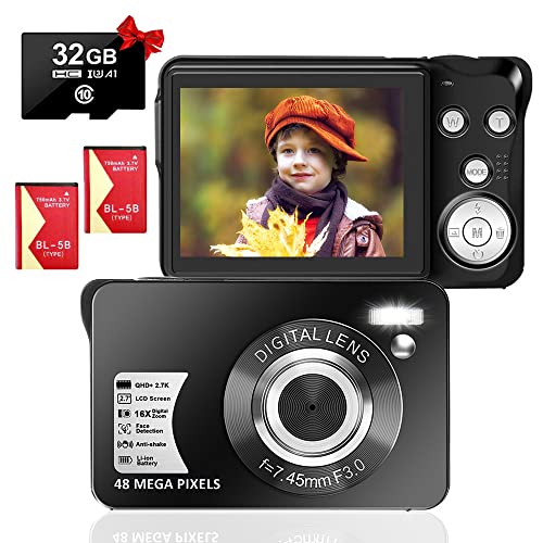 NIUBB Digitalkamera 48M 2.7K FHD 16x Zoom Fotokamera Digitalkamera Wiederaufladbare Digitalkameras mit 2.7 Zoll Kompaktkamera für Anfänger Fotografie mit 32GB SD Karte und 2 Batterien (Schwarz)