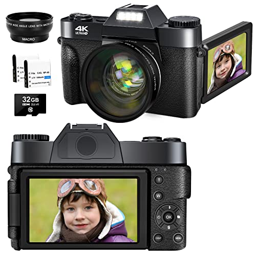 Digitalkamera, Autofokus 48MP Kamera Fotokamera 4K Fotoapparat 3.0 Zoll Flip-Screen 16X Digitalzoom Wiederaufladbare Kompaktkamera für Anfänger, Erwachsene (32GB Micro SD Karte & Weitwinkelspiegel)