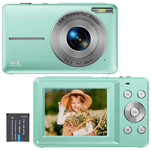 Digitalkamera, 1080P Kinderkamera FHD Fotokamera 44MP Vlogging-Kamera Tragbare Kompaktkamera mit LCD-Bildschirm 16X Digitalzoom und 1 Batterien für Teenager Mädchen Jungen-Grün (Keine Micro SD-Karte)