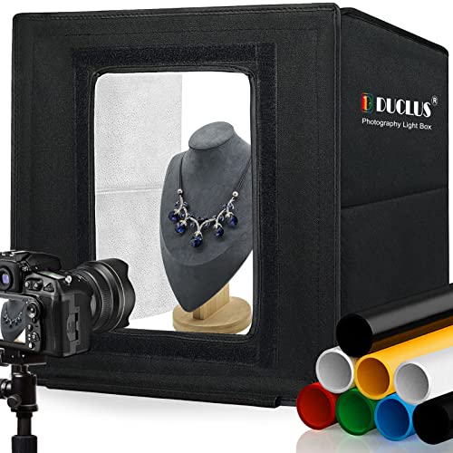 DUCLUS Fotobox 40x40 cm Faltbare Fotostudio, 5500K Dimmbare Lichtzelt Set mit 160 LED Beleuchtung und 8 Produktfotografie Hintergründe