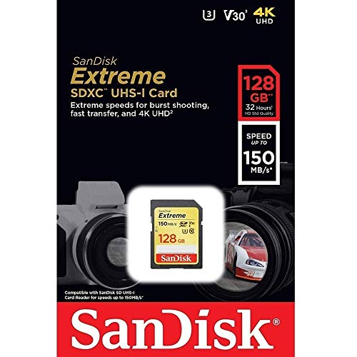 SanDisk Extreme SDXC Memory Card, Up to 150 MB/s, Class 10, U3, V30, 128 GB (Pack of 1)