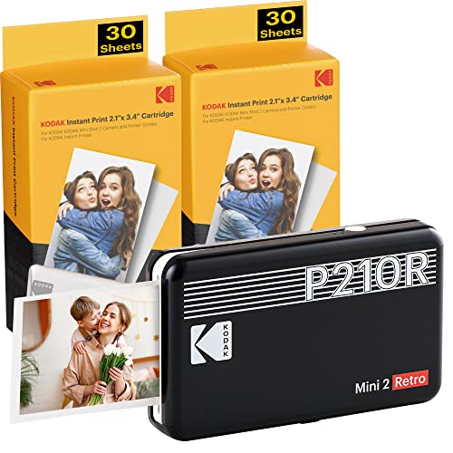 Kodak P210 Mini 2 Retro, Mobiler Fotodrucker, Kompatibel mit Smartphone (iOS & Android), Bluetooth, 54x86 mm, 4Pass-Technologie, Laminierung, 6 Kartuschen, 68 Blatt, Schwarz
